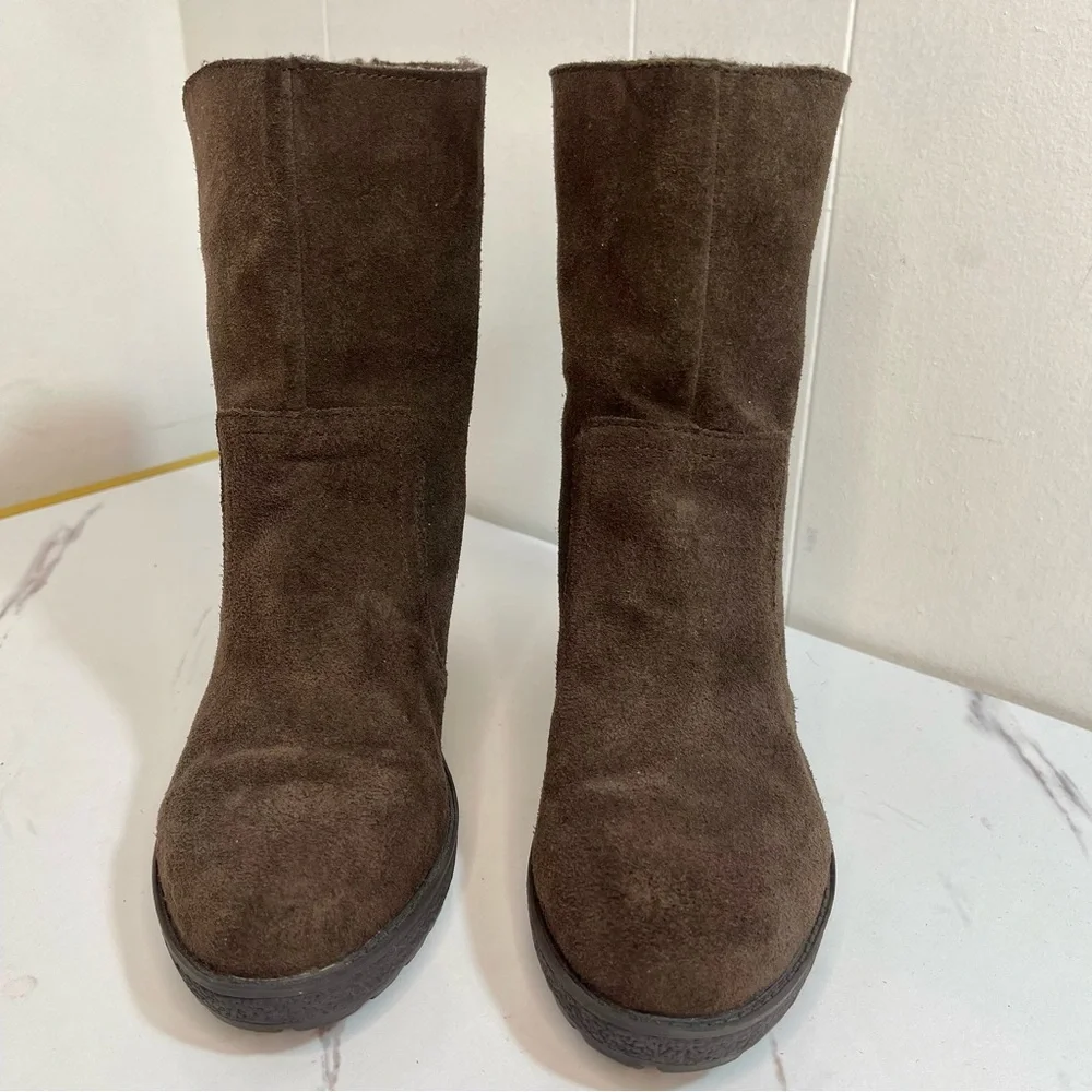 Kelly & Katie Dark Brown Sued Lined Fold Down Wedge Ankle Boots Size 7.5
